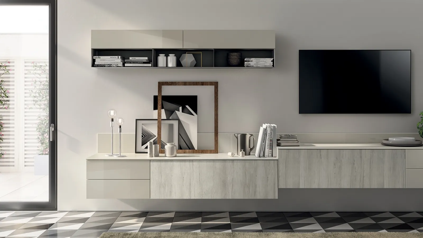 Parete Attrezzata Living Evolution in Decorativo Rovere Artic di Scavolini