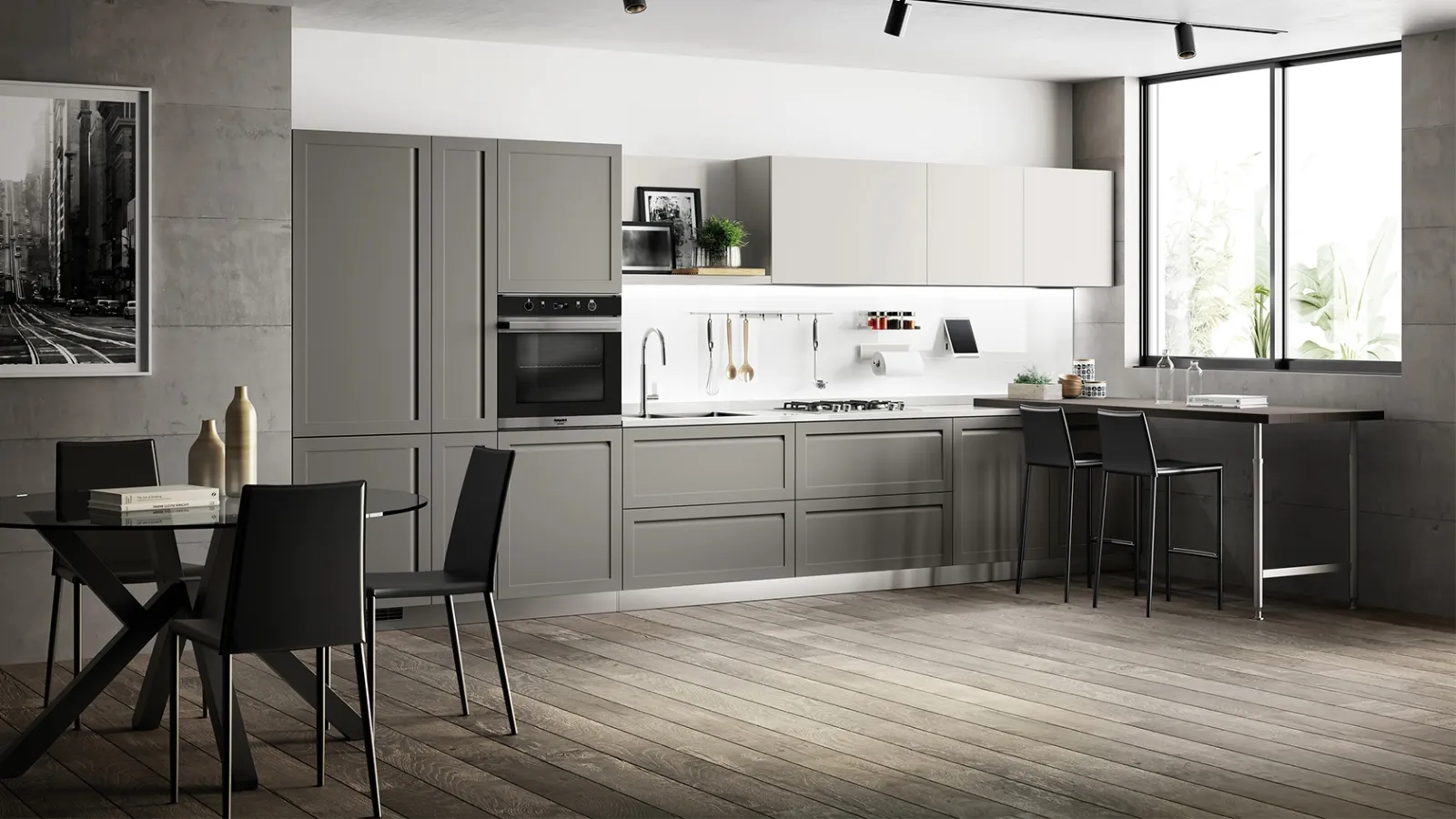 Cucina Moderna Carattere in laccato Grigio Chiaro e Grigio Titanio di Scavolini