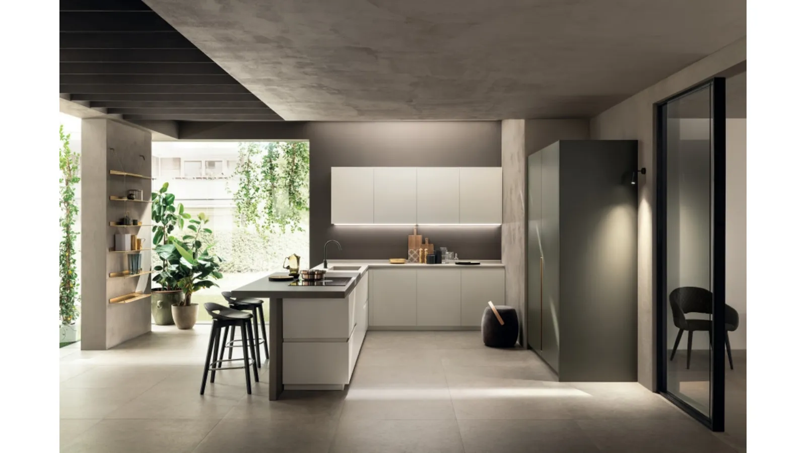 Cucina Moderna DeLinea in laccato Bianco e gres Calce Grigio di Scavolini