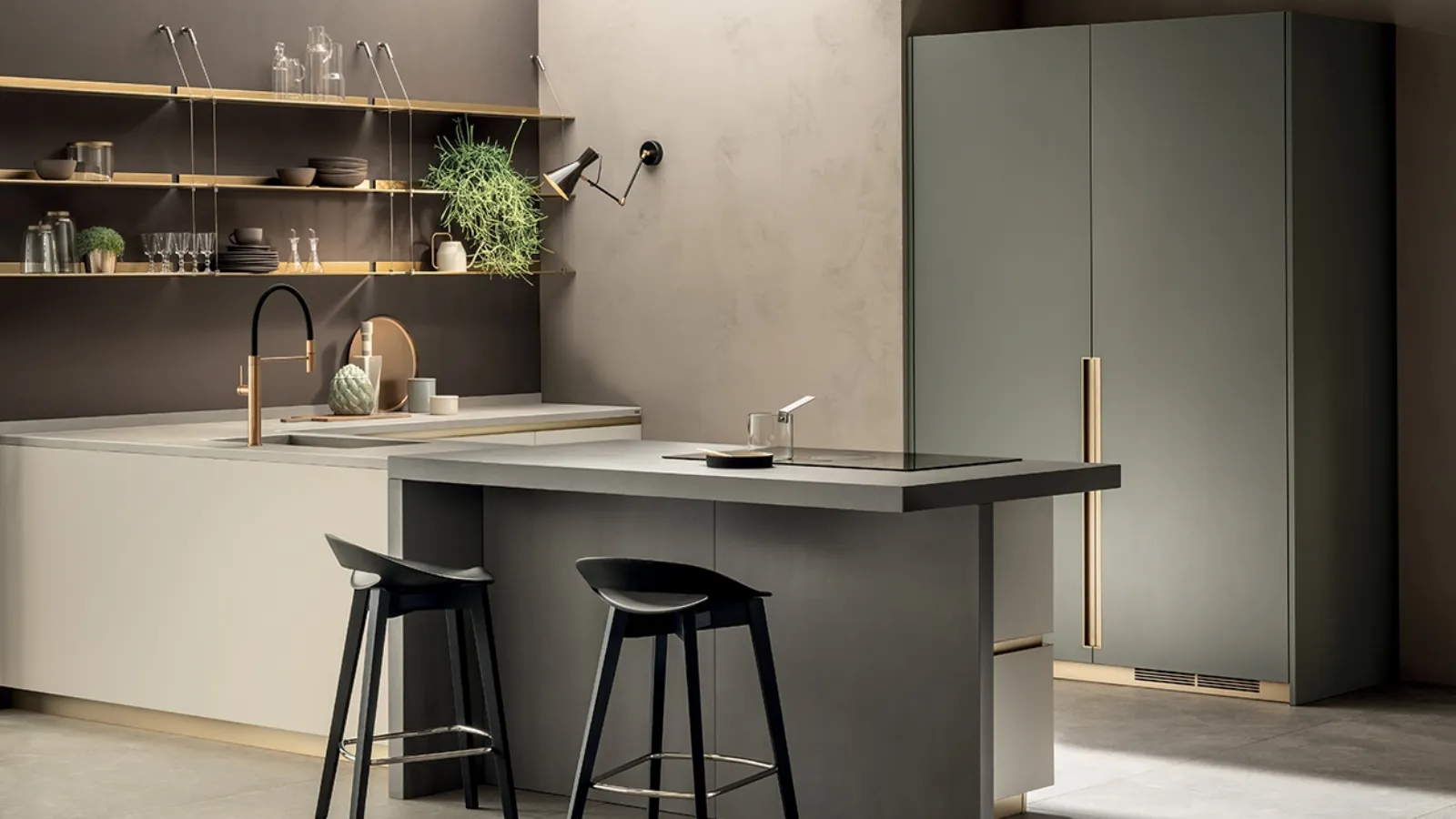 Cucina Moderna DeLinea in laccato Tortora e Verde Minerale di Scavolini