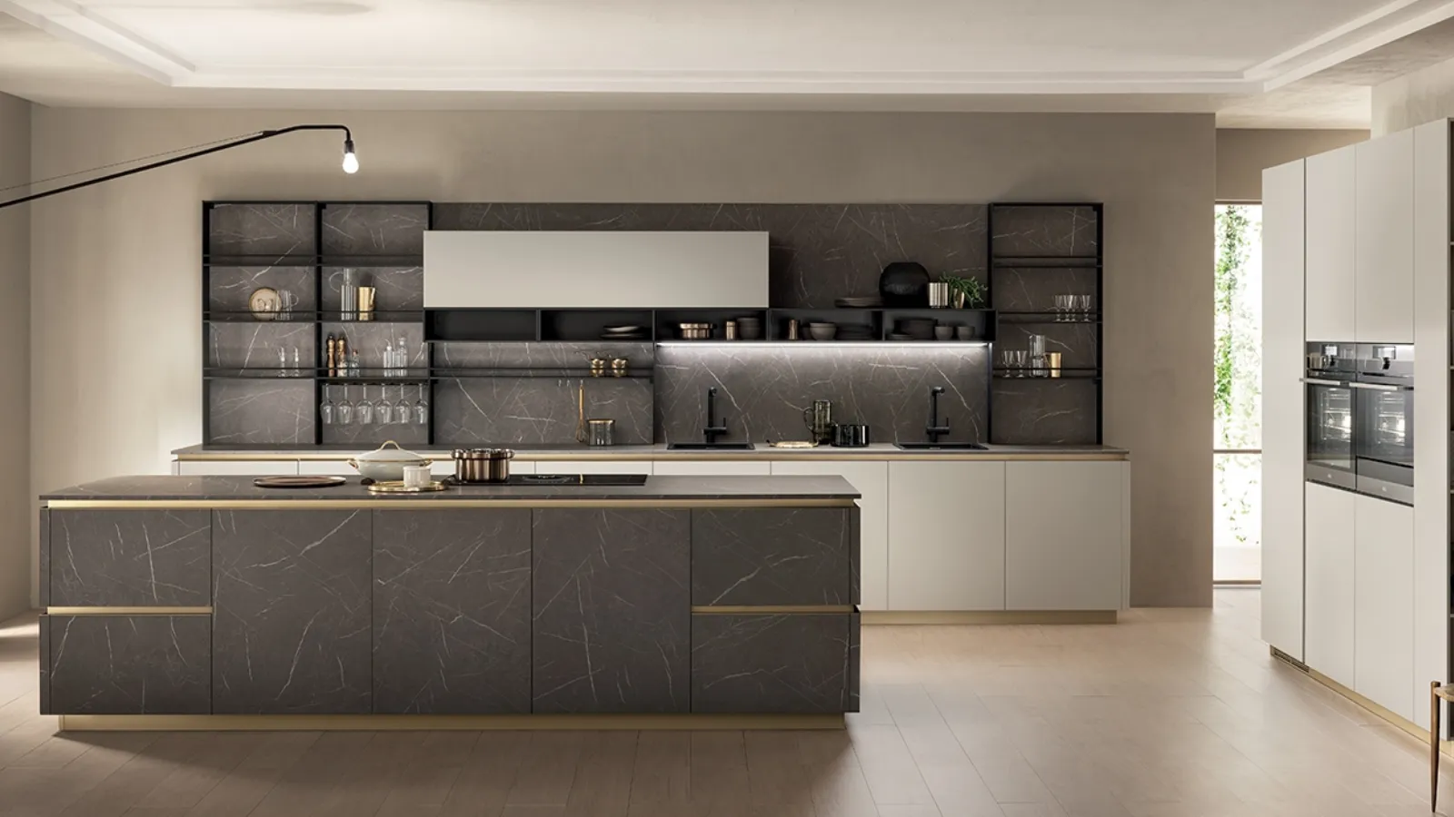 Cucina Moderna DeLinea in Pietra Grey e Grigio Chiaro di Scavolini