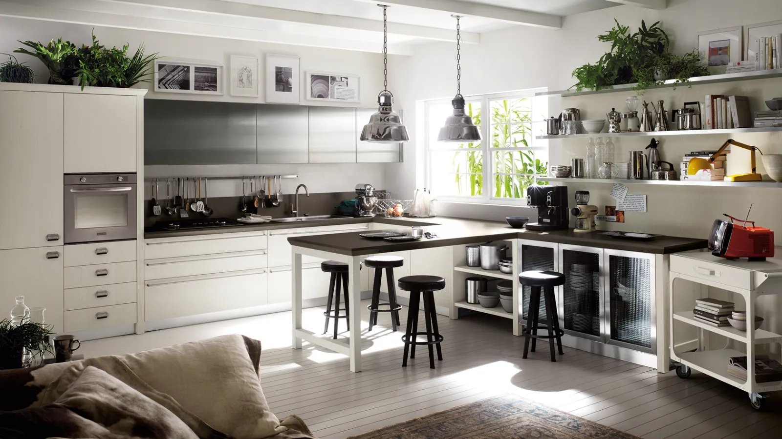 Cucina Moderna angolare con penisola Diesel Social Kitchen in Rovere laccato Tortora di Scavolini