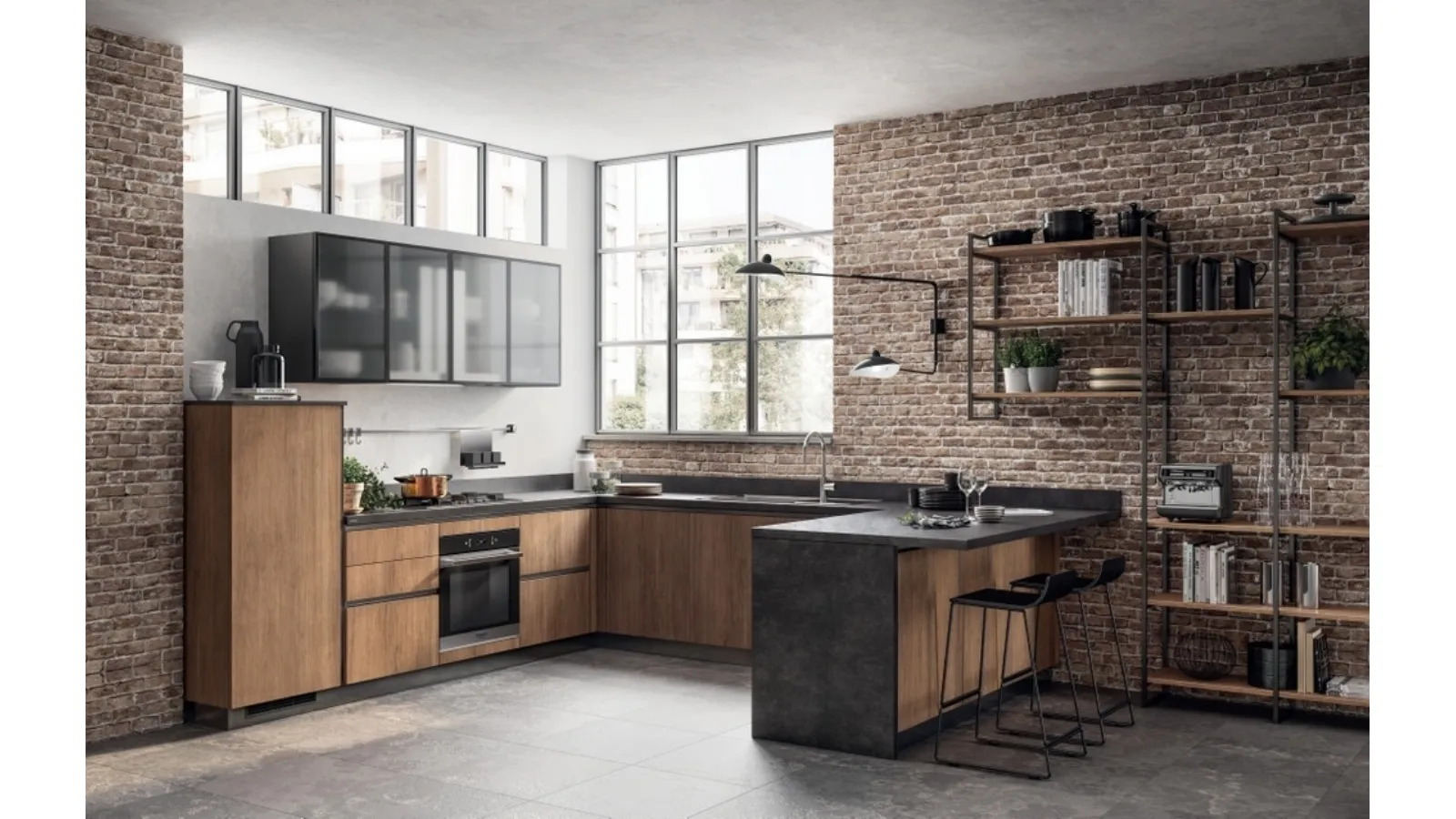 Cucina Moderna con penisola Evolution Rovere Land di Scavolini