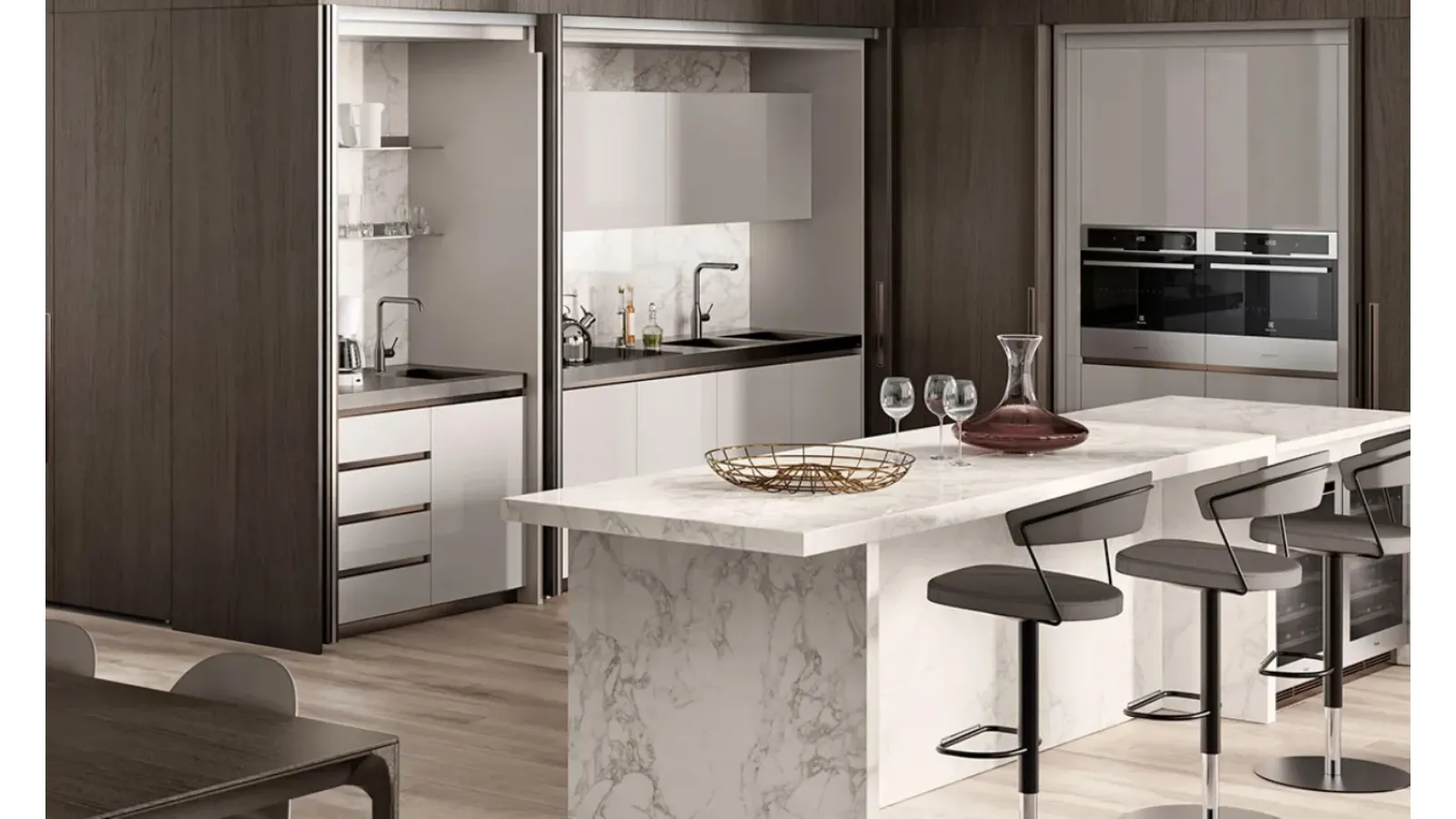 Cucina Boxi in laccato lucido Grigio Chiaro di Scavolini