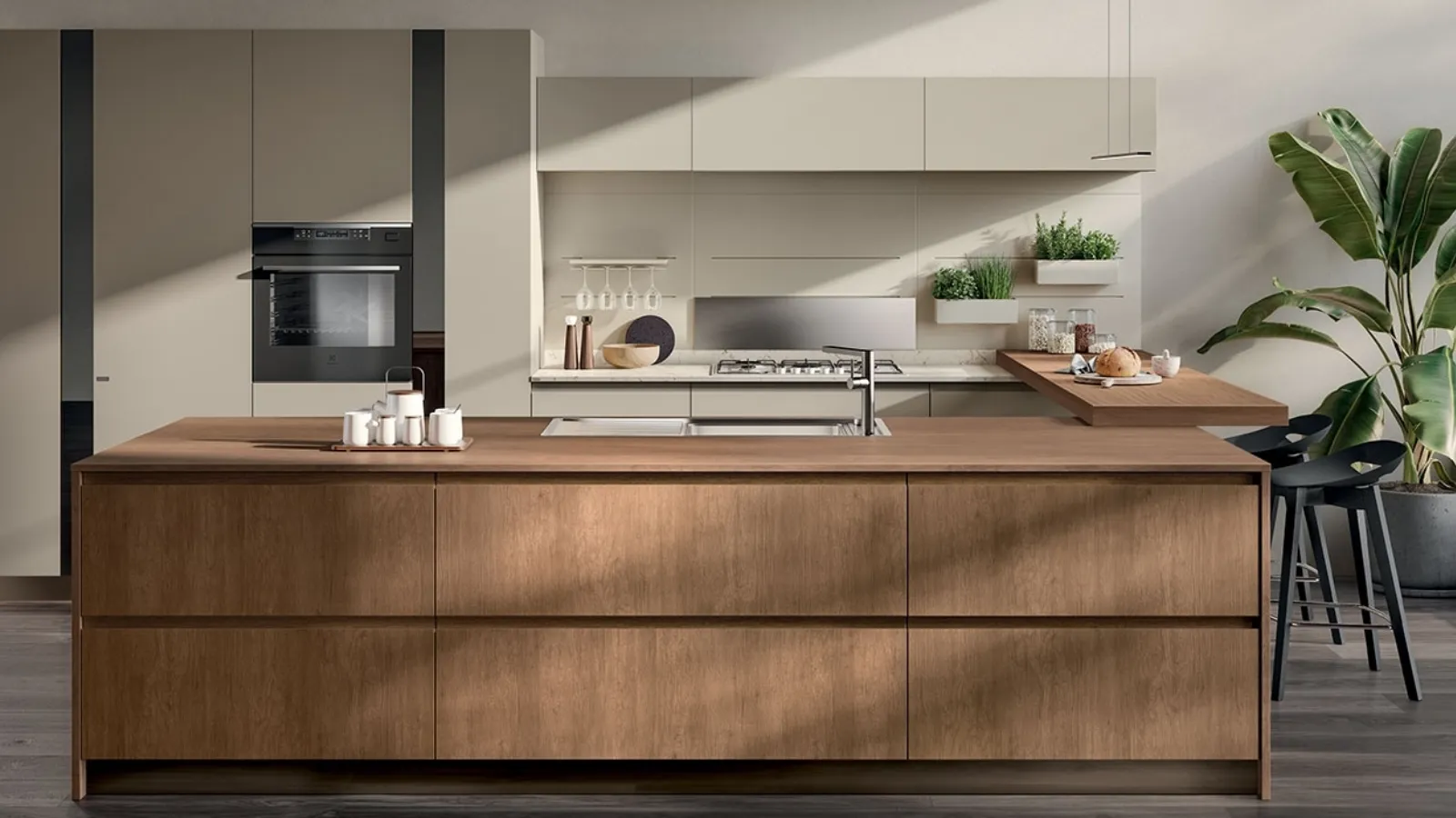 Cucina Moderna Motus in Rovere Landscape e laccato opaco Visone di Scavolini